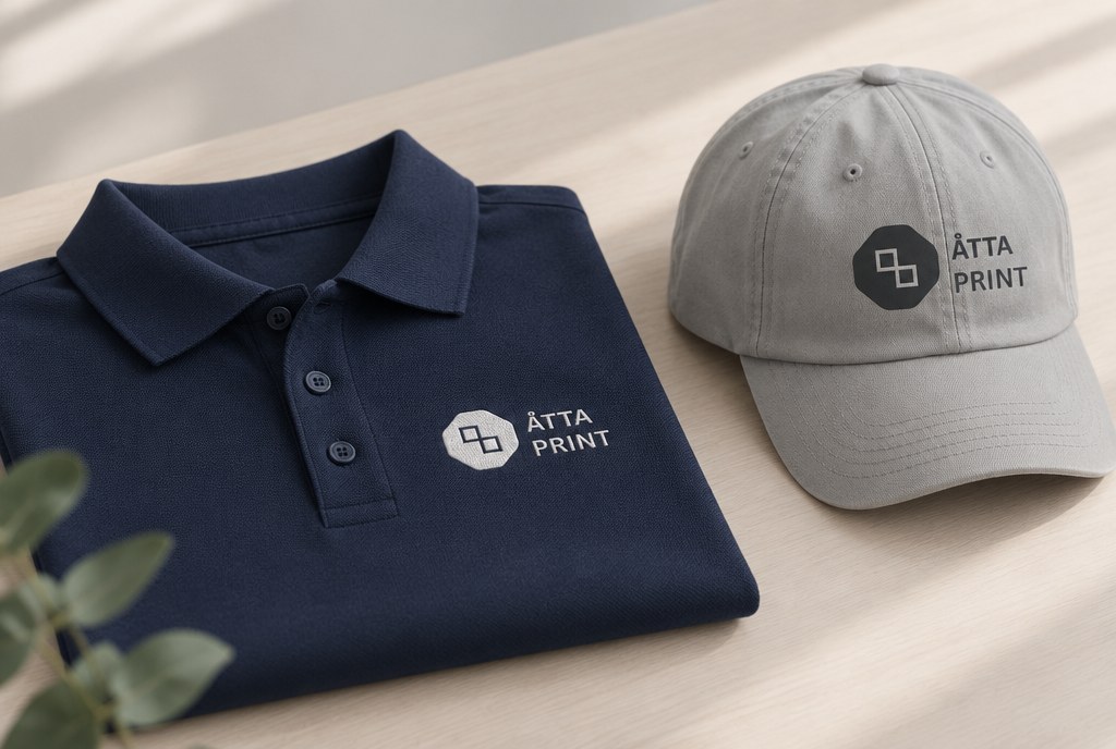 Polo shirt with embroidered logo and a cap next to a printed shirt