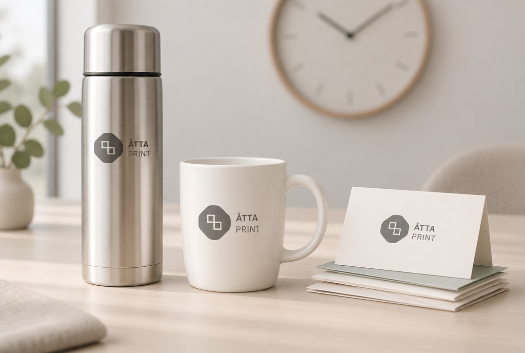 A set of quick-turnaround gifts: engraved thermal flask, mug, gift cards