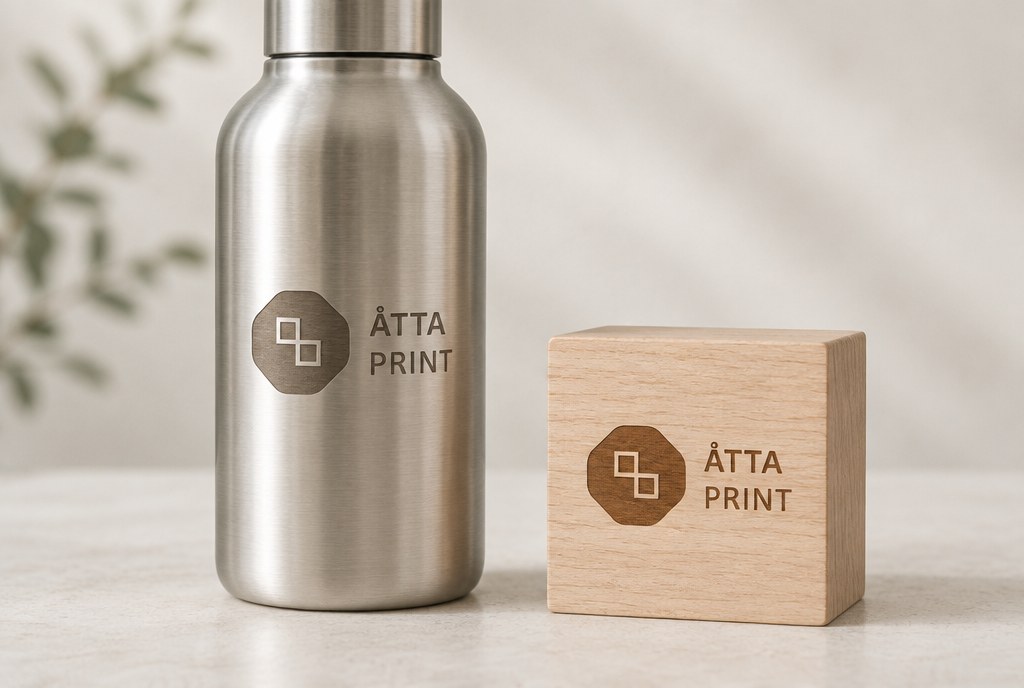Laser-engraved logo on a metal bottle and a wooden piece