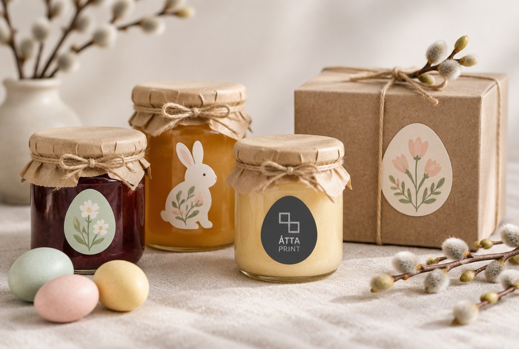Easter stickers on food jars and packaging, bunny and egg shapes