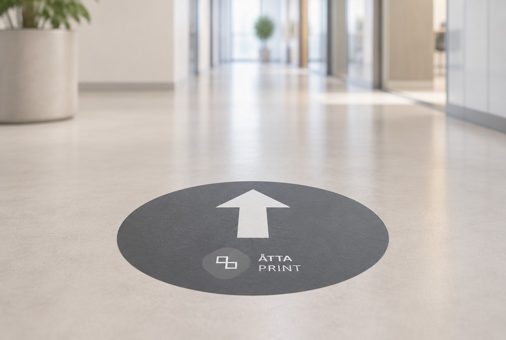 Floor sticker with a directional arrow on an indoor floor
