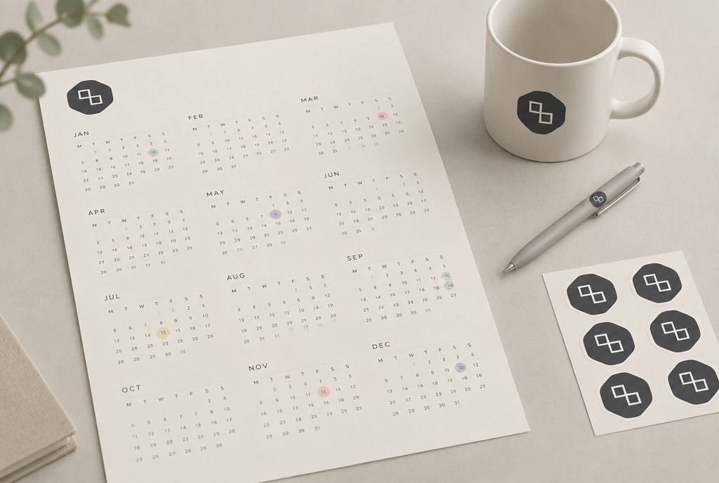 Yearly calendar marked with deadlines and promotional product samples