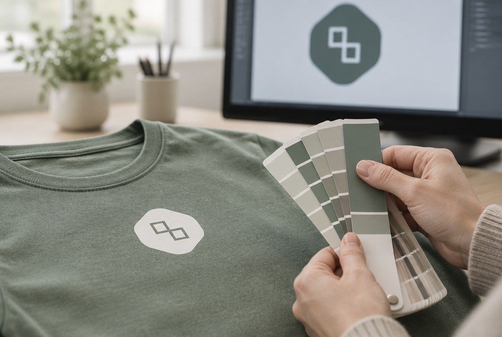 A Pantone colour fan deck next to a printed T-shirt, comparing shades