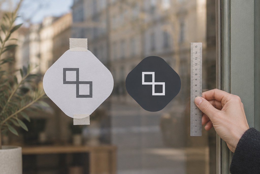 Cut-out paper template taped to a window next to stickers