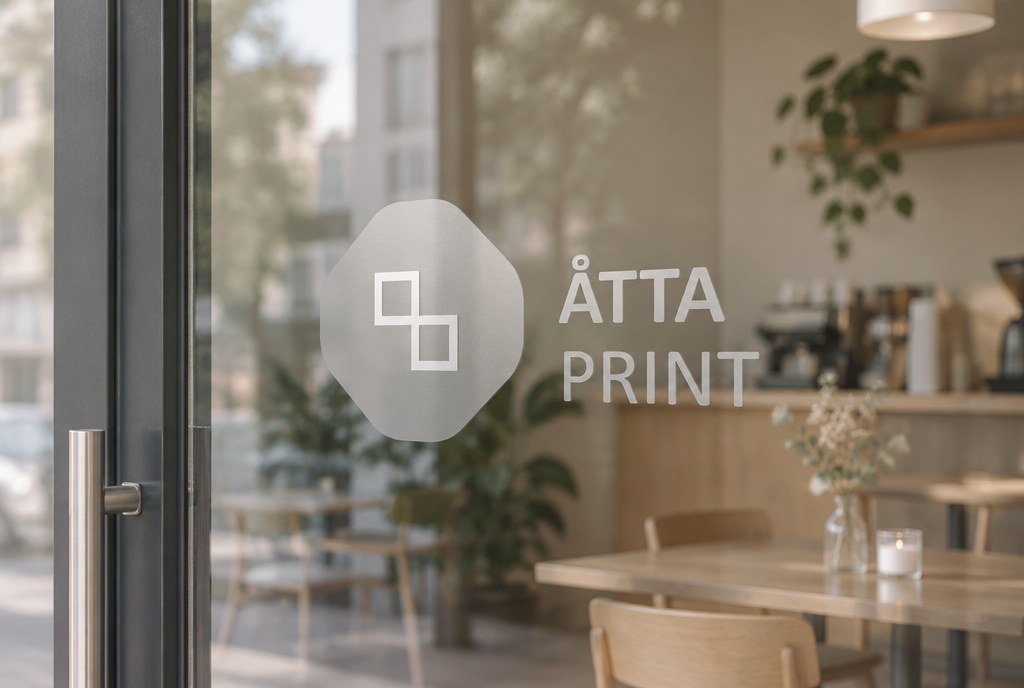 Clear sticker with a logo on a café's glass door