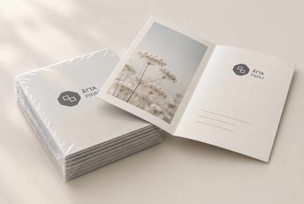 Stack of folded A6 four-page leaflets, close-up of a packed print run
