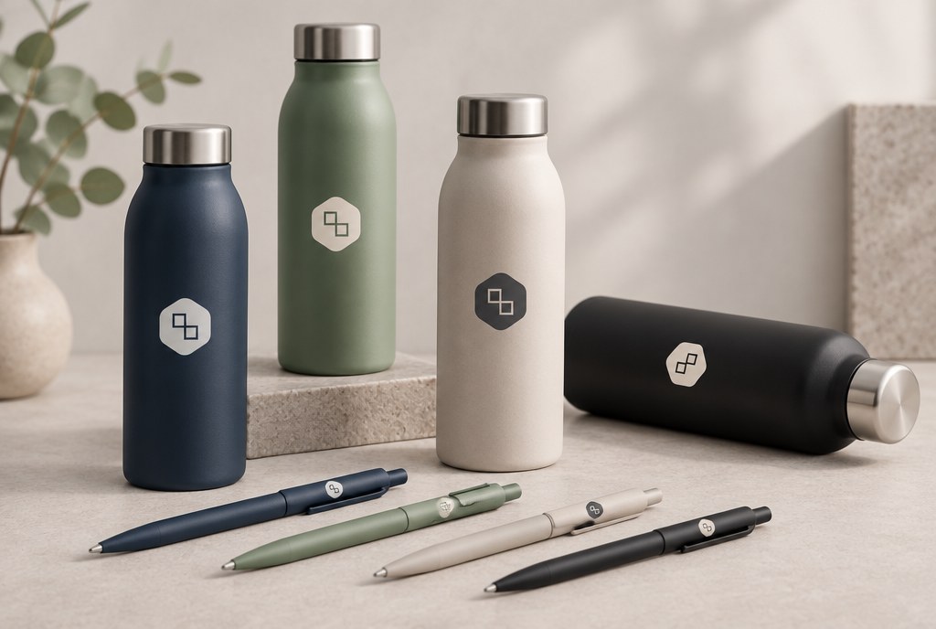 Several promotional products in different colours with contrasting logo prints side by side