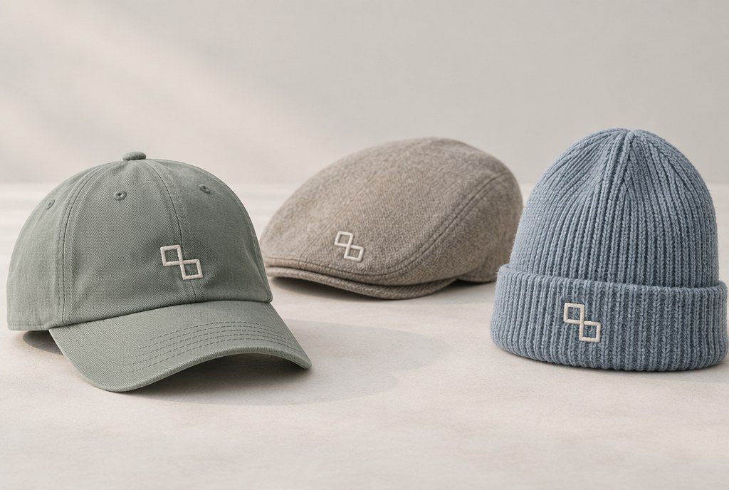 Baseball cap, snapback and winter hat with embroidered logo