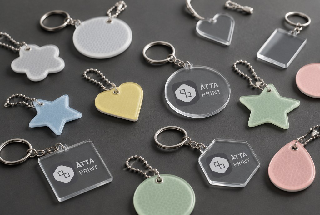 Soft reflectors and acrylic keyrings with printing, dark background
