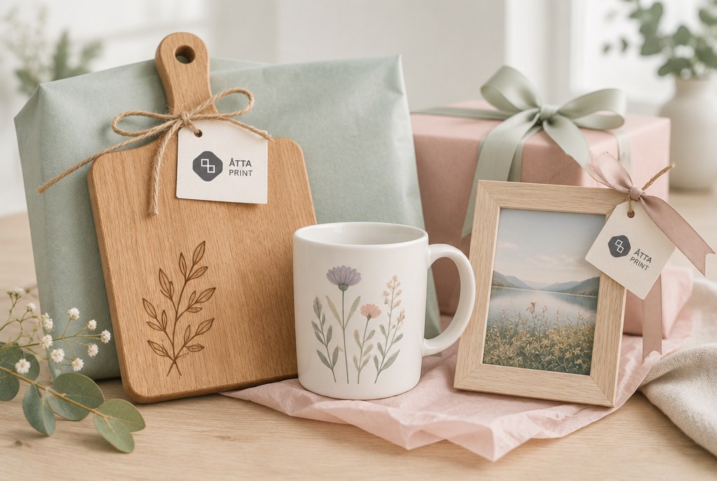 Personalised gifts with engraving and printing in festive gift wrapping