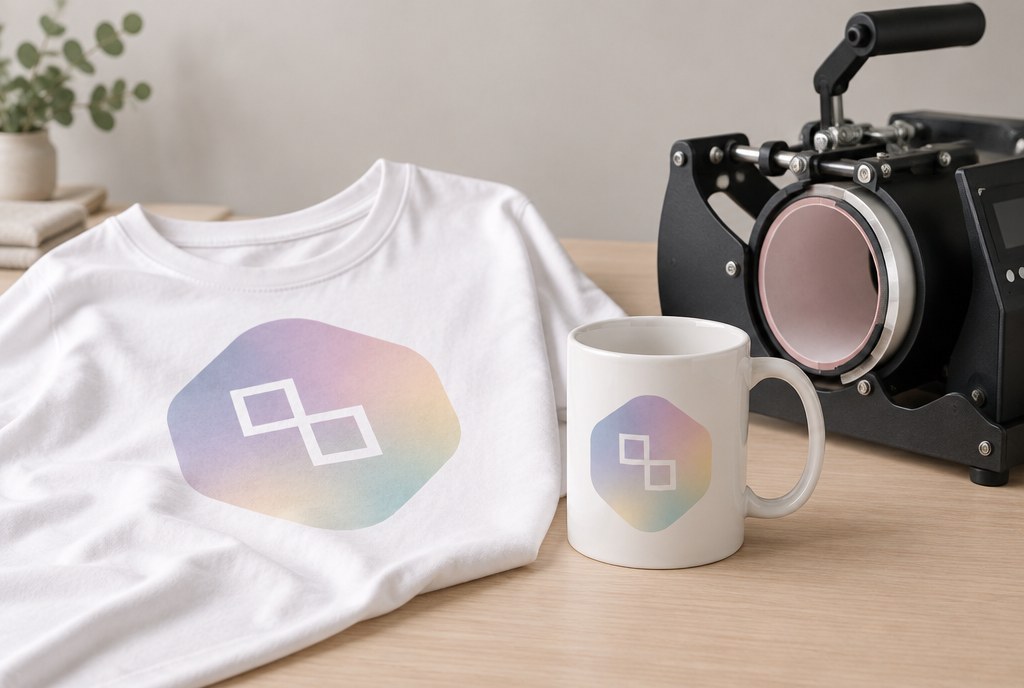 White polyester shirt and ceramic mug next to a heat press