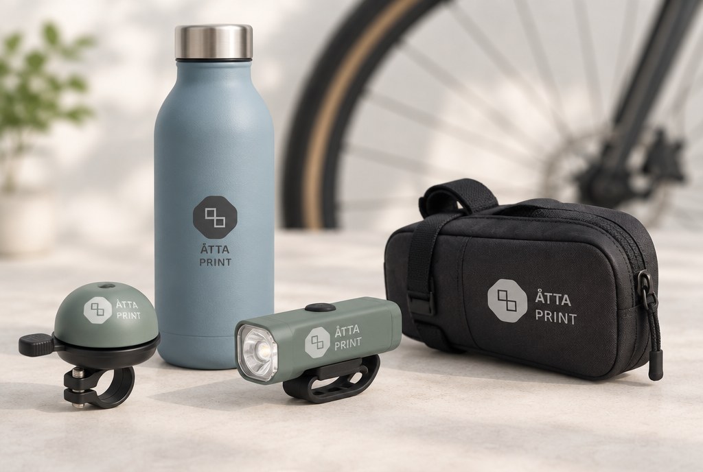 Bike bell, lights, bottle and bike bag with a logo