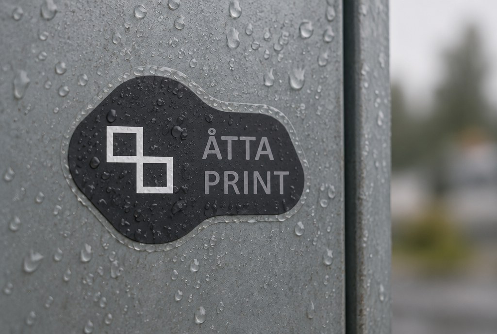 Waterproof PVC stickers with contour cutting on an outdoor surface in raindrops