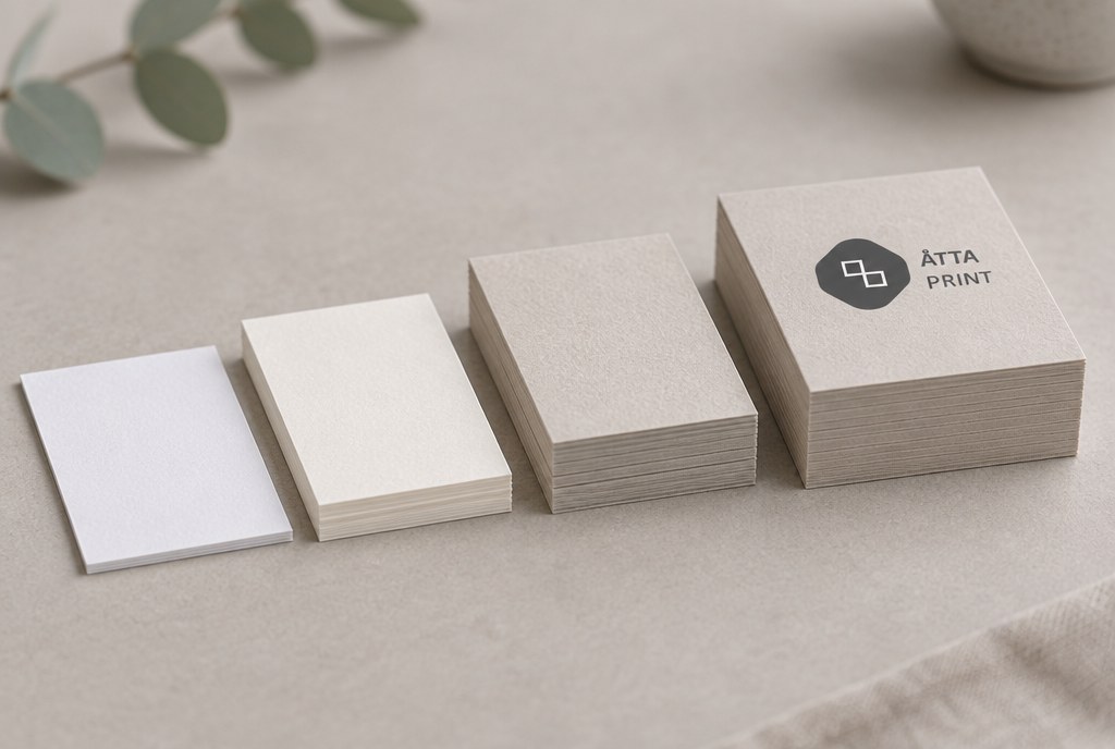 Close-up of stacked paper sheets of different weights and the edges of business cards
