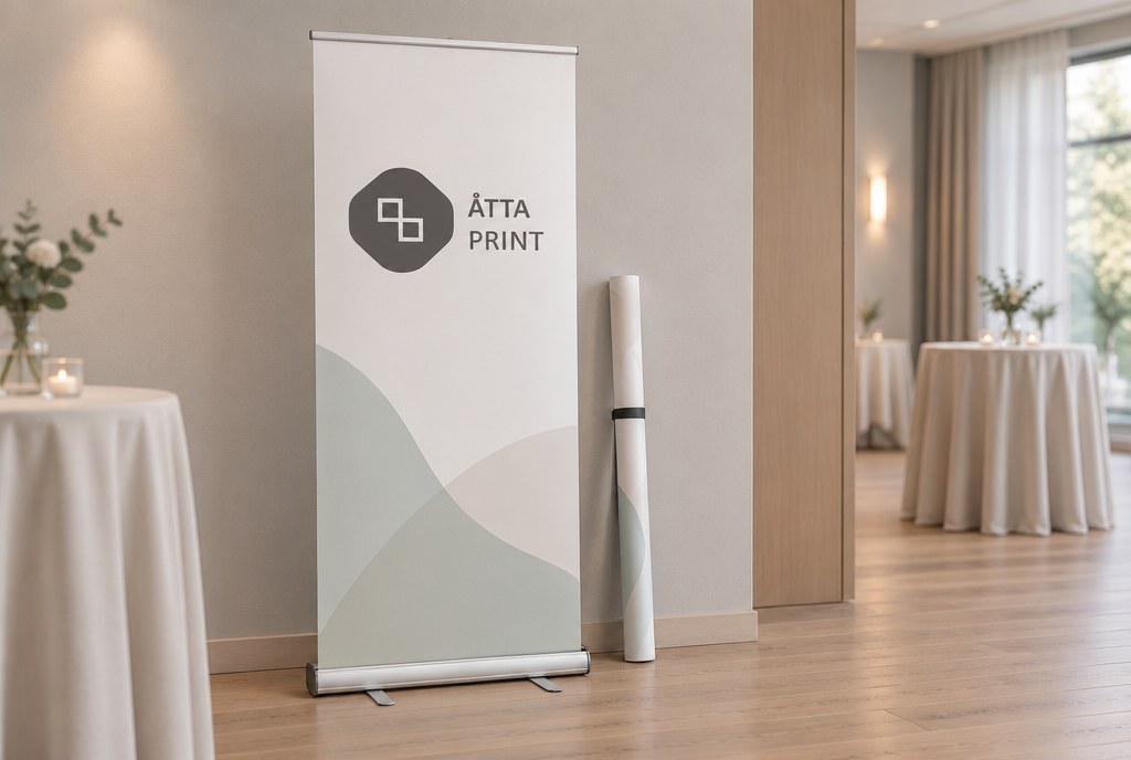 Extended roll-up banner stand with aluminium cassette in an event venue