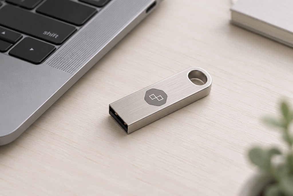 USB-флешка с выгравированным логотипом на столе