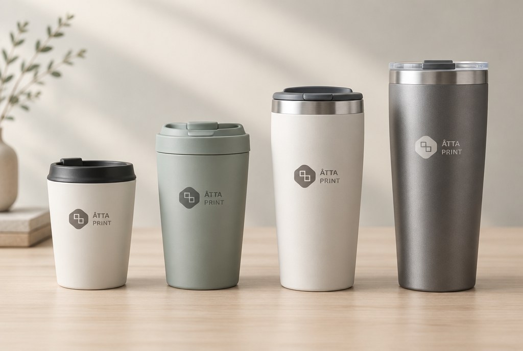 Several thermal mugs with logo in different price classes side by side