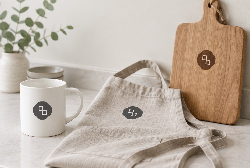 A mug, apron and wooden board with a logo together
