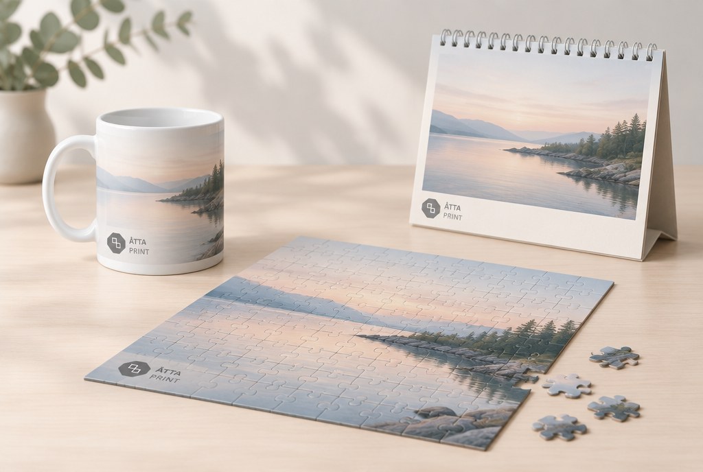 A mug, puzzle and calendar together with photo printing