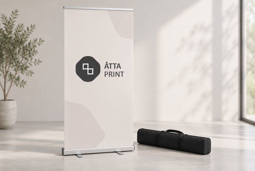 Roll-up banner stand with printed banner and carry bag