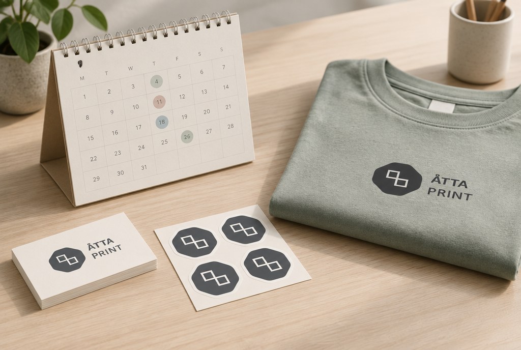 A calendar with marked deadlines next to samples of business cards, stickers and a T-shirt