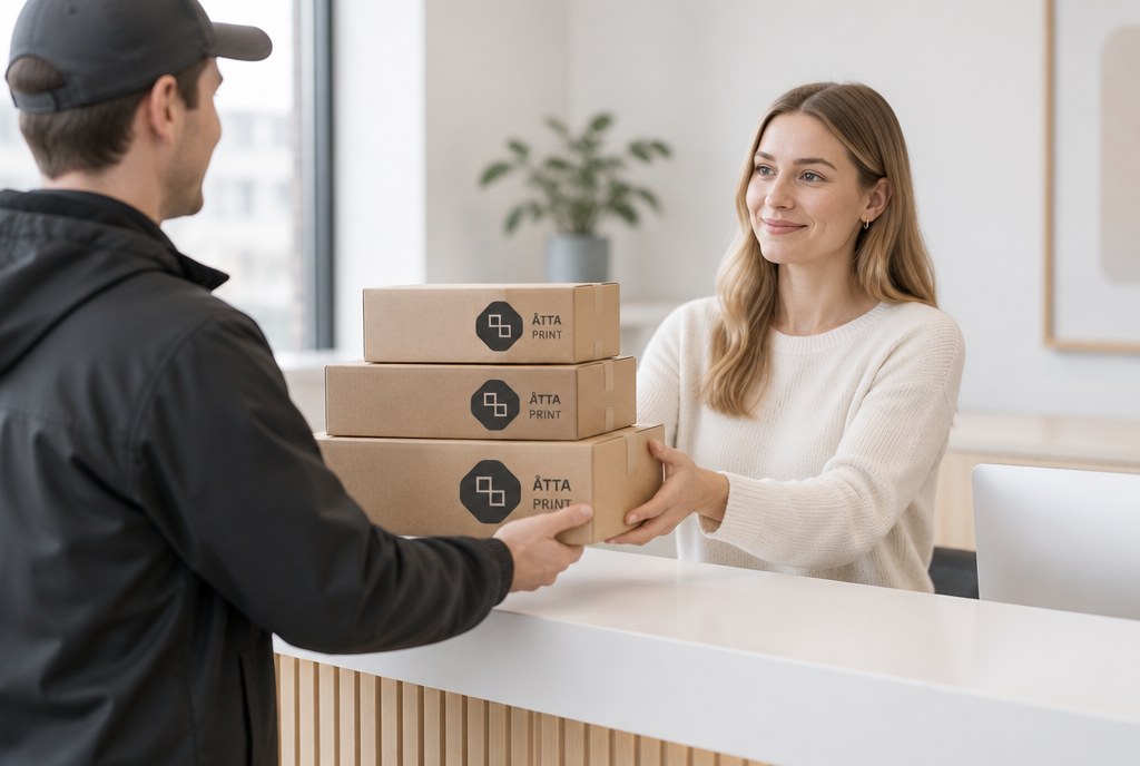 Courier handing over packed boxes of promotional products at a Riga office
