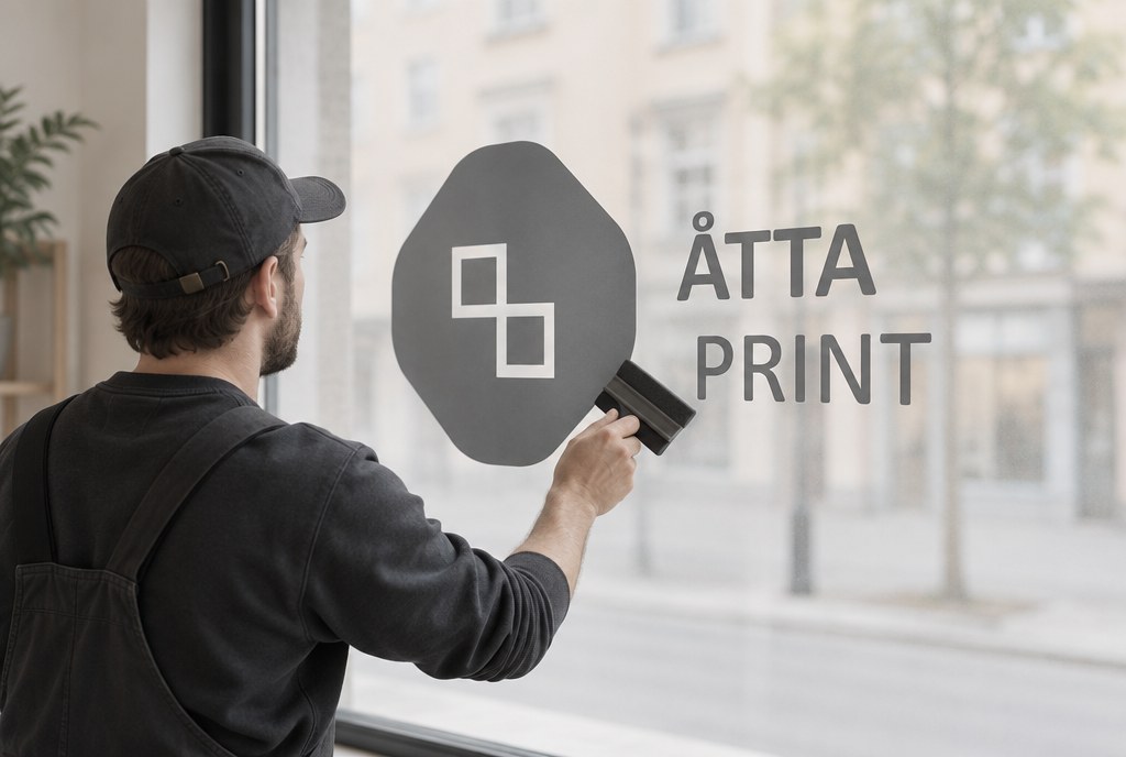 An installer applying a printed vinyl sticker to a shop window