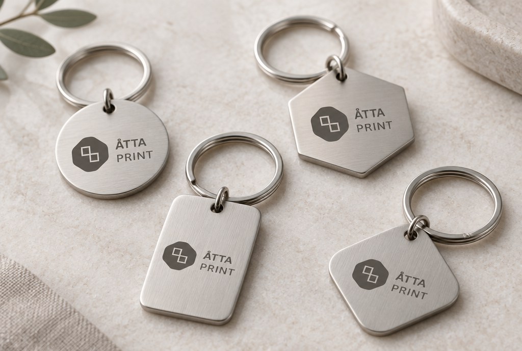 Close-up of metal keyrings with engraved logo