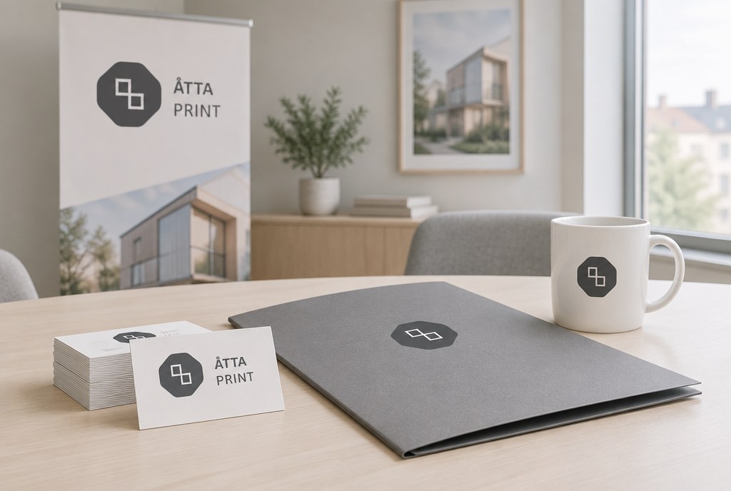 Business cards, folders, roll-up stand and a mug with a logo together
