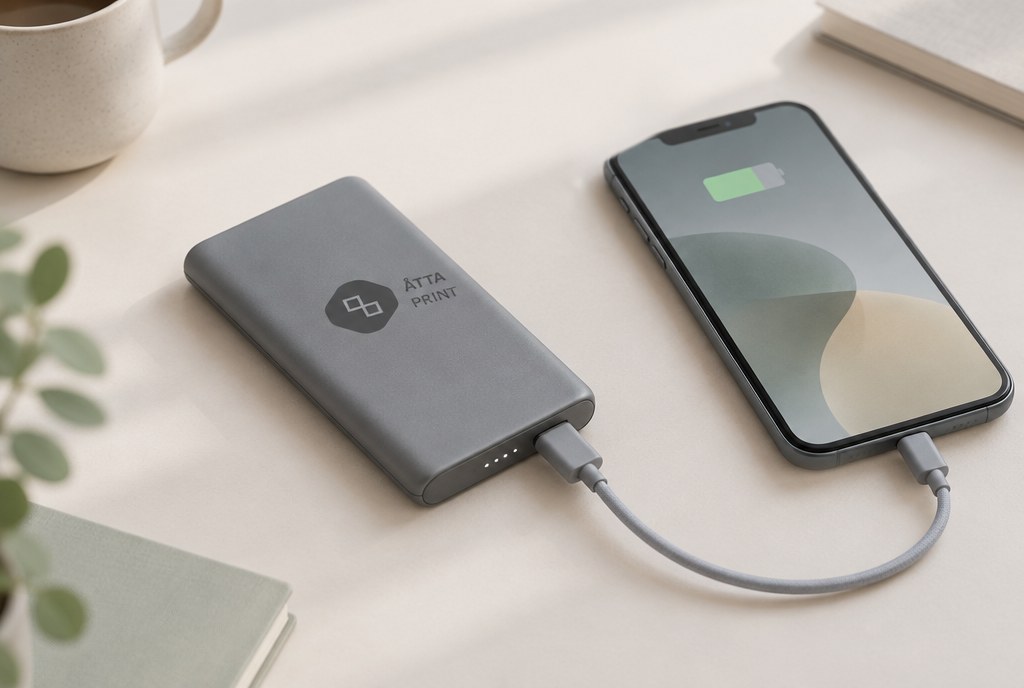 Power bank с нанесённым логотипом, рядом заряжается телефон