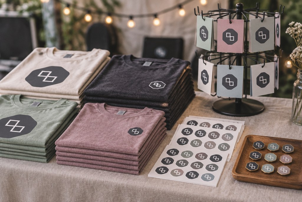 Grupas merch no maza skaita: krekli, uzlīmes, nozīmītes