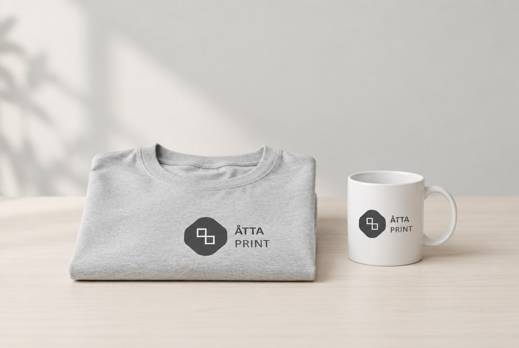 One printed T-shirt and one printed mug together on a table