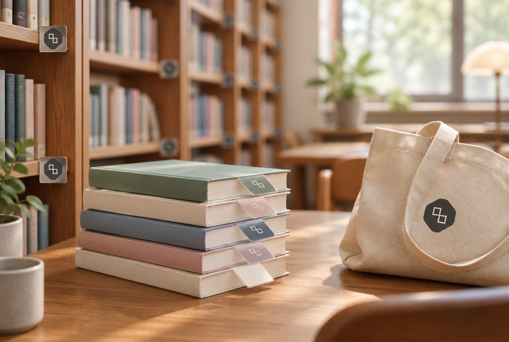 Bibliotēkas drukas materiāli: plauktu zīmes, grāmatzīmes, somas