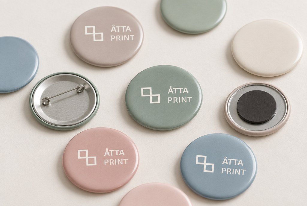 Close-up of colourful round button badges with pin and magnet fastenings