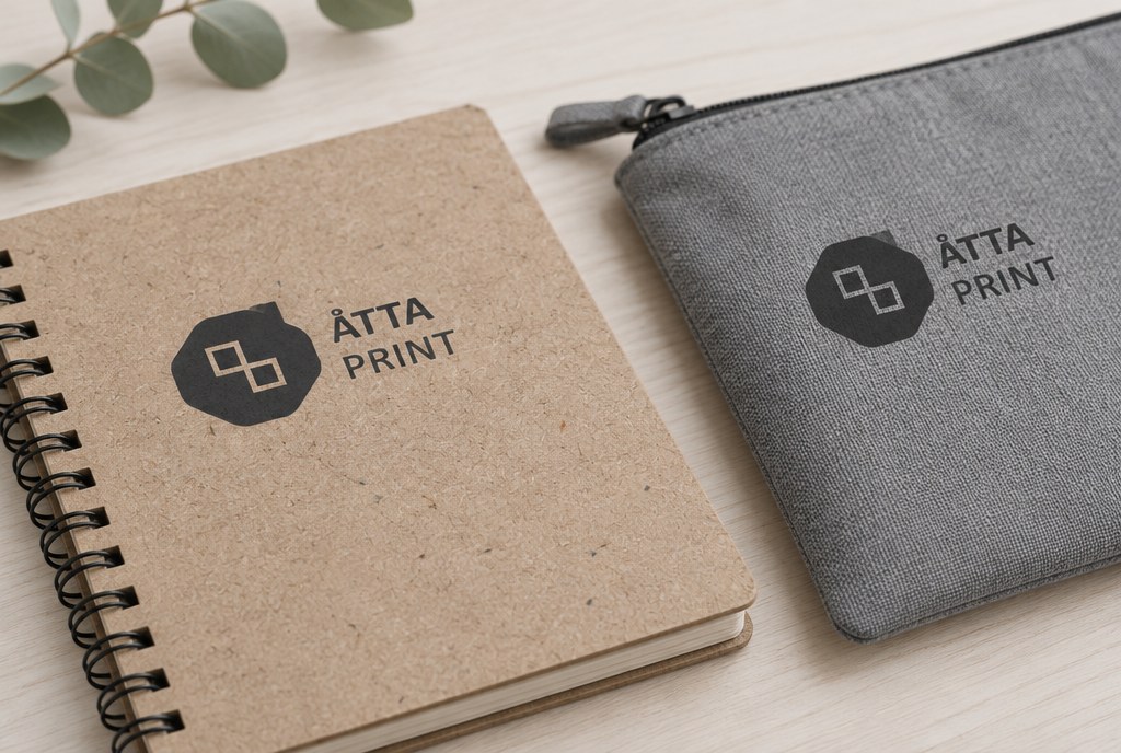 Close-up of a printed logo on recycled kraft paper and RPET fabric