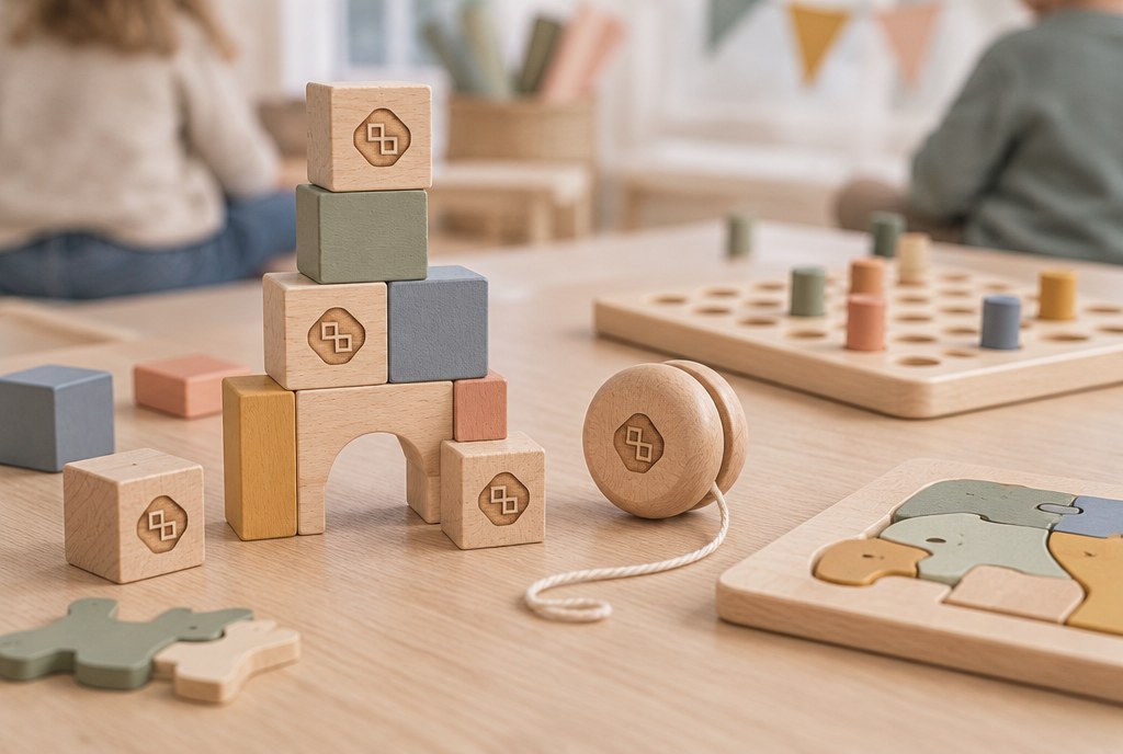 Wooden board games and toys with an engraved logo at a children's event