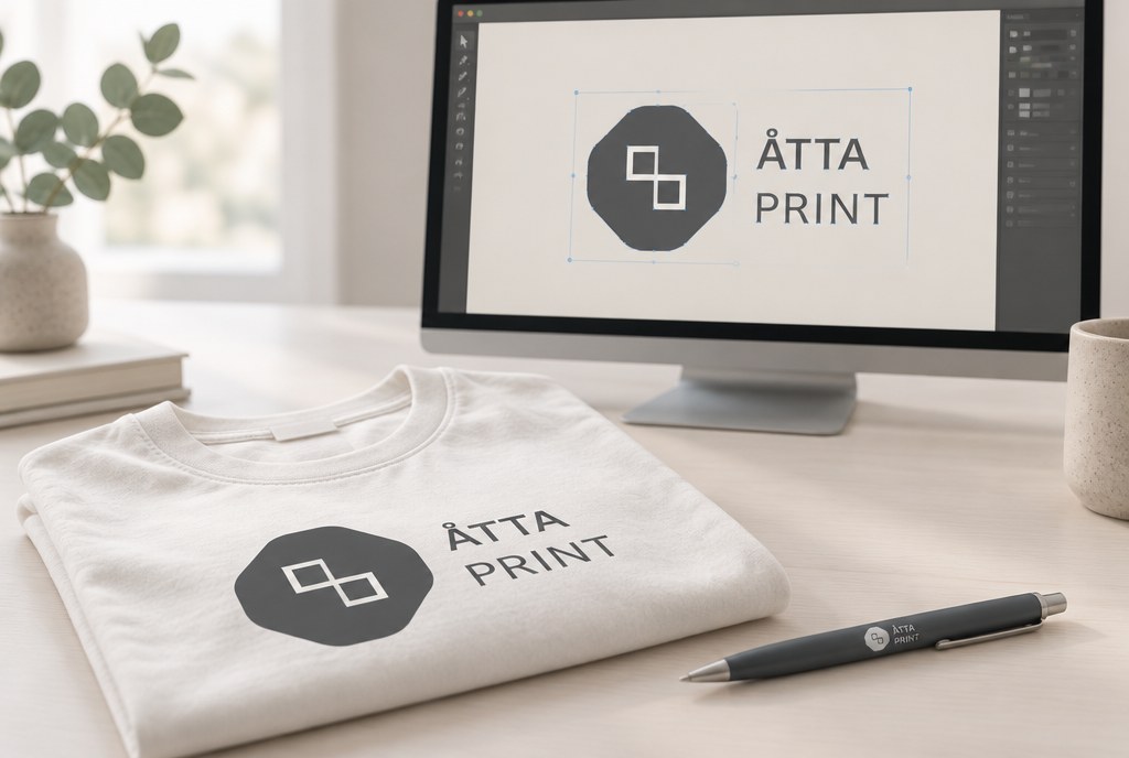 Screen showing vector logo outlines next to a printed T-shirt/pen