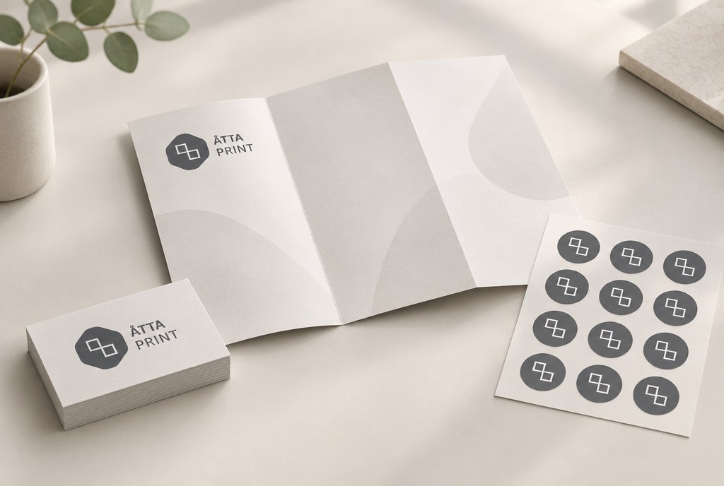 A stack of business cards with a folded A4/3 brochure and stickers on a table