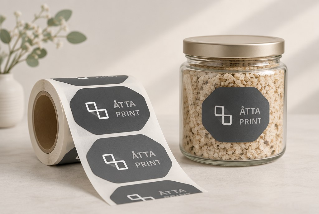 A roll of labels with stickers, next to a jar with a label applied