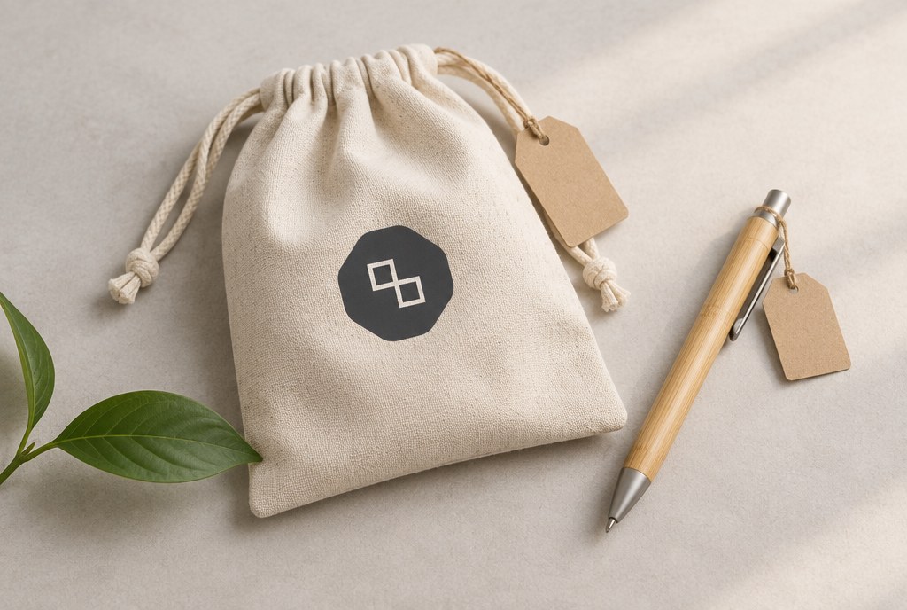 A recycled cotton bag and a wooden pen with eco-certification tags