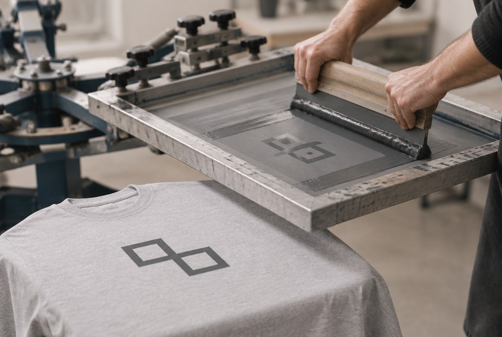 Screen printing workshop: carousel, screen and ink being applied to a T-shirt