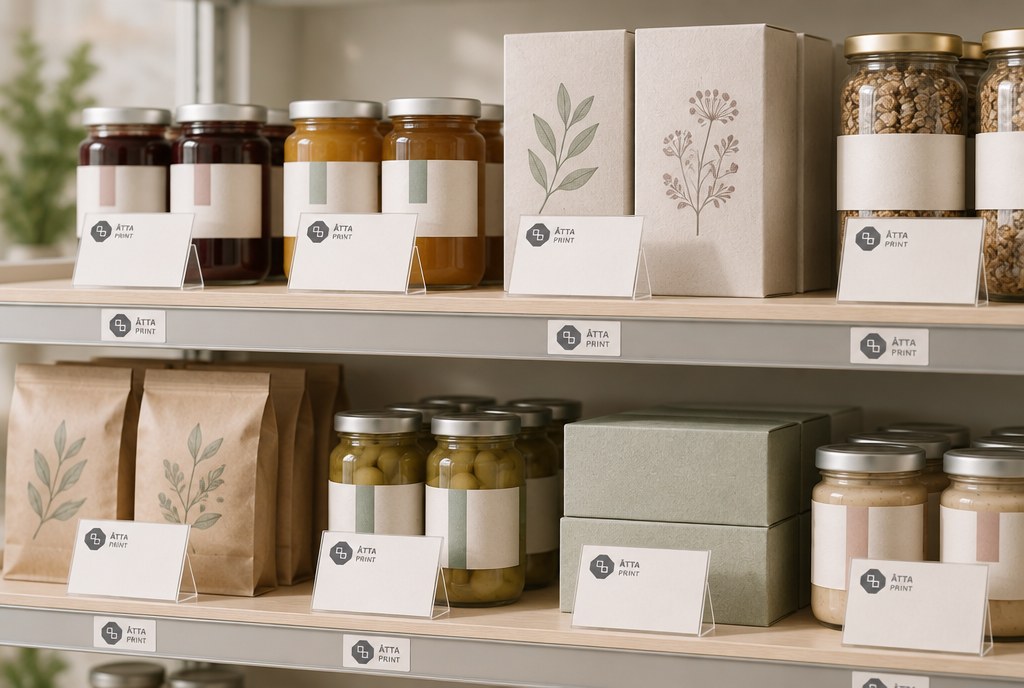 Shop shelf with printed price cards and labelling stickers