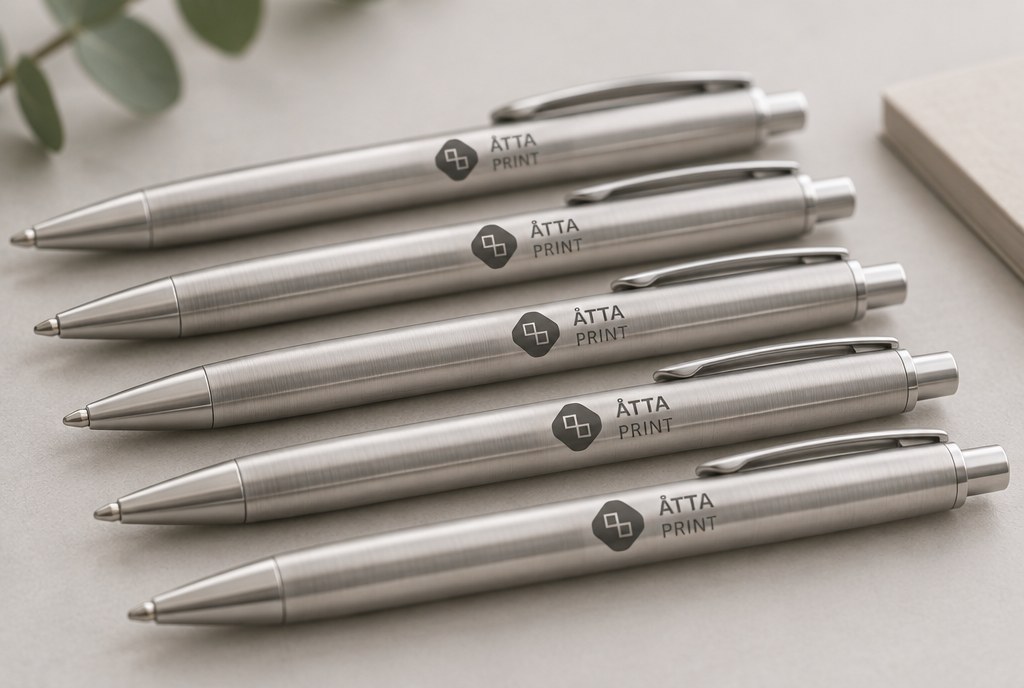 Metal pens with laser engraving arranged in rows, close-up