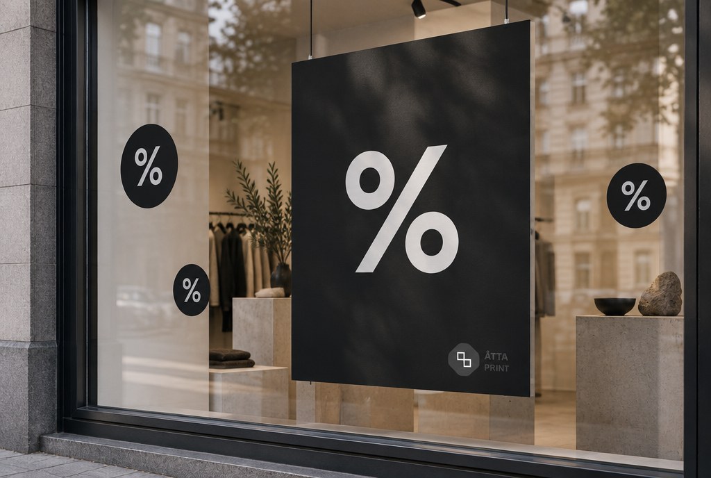 Shop window with Black Friday posters and discount stickers