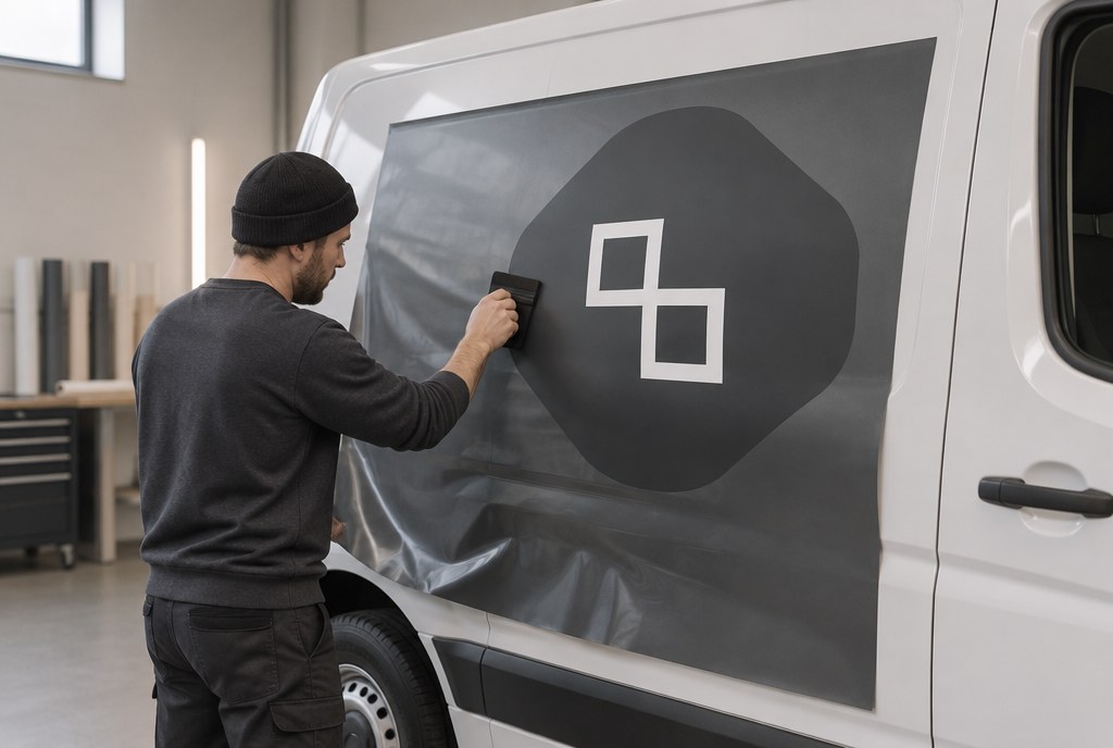 Van or car with logo self-adhesive vinyl wrap, application process