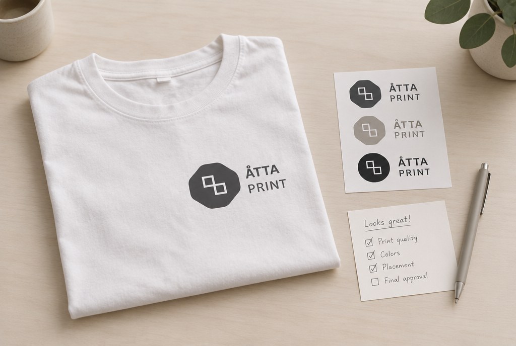 Physical printing sample — a test T-shirt and a sheet of stickers on a table