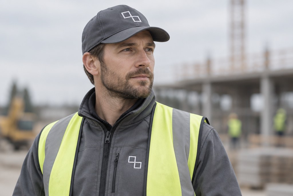 Construction worker in a vest and cap with an embroidered logo