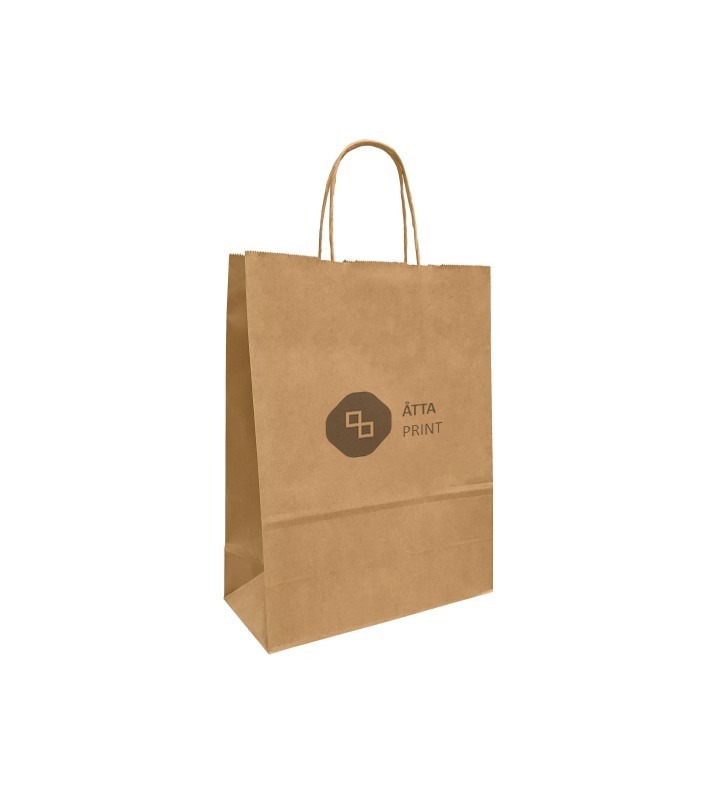 Papīra maisiņš ar vītiem rokturiem 25×11×32 cm – brūns kraft ar logo (apdrukas piemērs)
