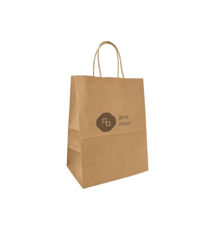 Papīra maisiņš ar vītiem rokturiem 25×15×32 cm – brūns kraft ar logo (apdrukas piemērs)