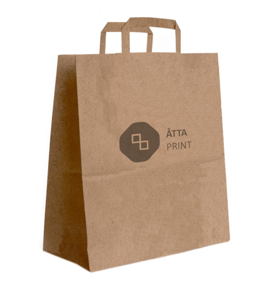 Papīra maisiņš ar plakaniem rokturiem 32×17×39 cm – brūns kraft ar logo (apdrukas piemērs)